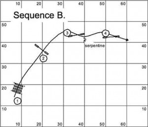 In Sequence B, I pushed to the back side of #3, serpentined #3, and then pushed to the back side of #4 (perhaps a serpentine might be required to pull the dog over #4, depending on where the course went after #4).